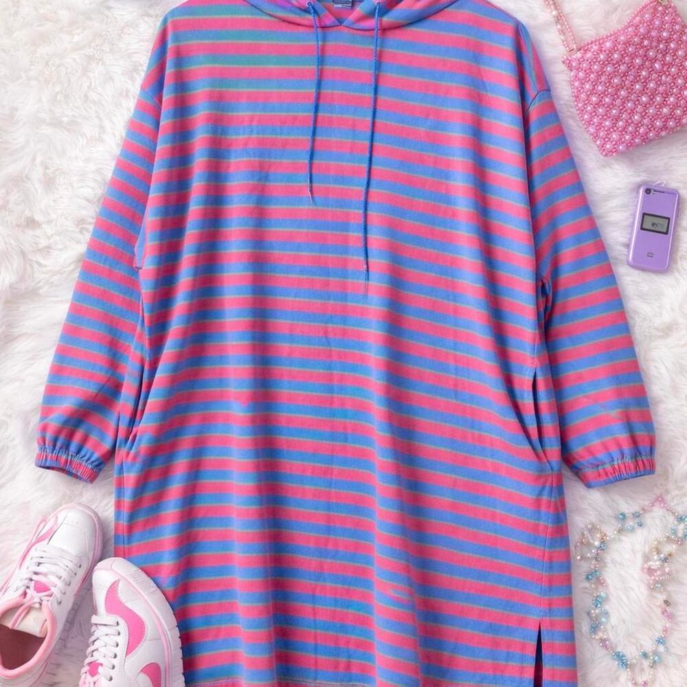 Deadstock retro neon‎ 80s J Christopher Pink Teal Striped Hoodie Dress kidcore